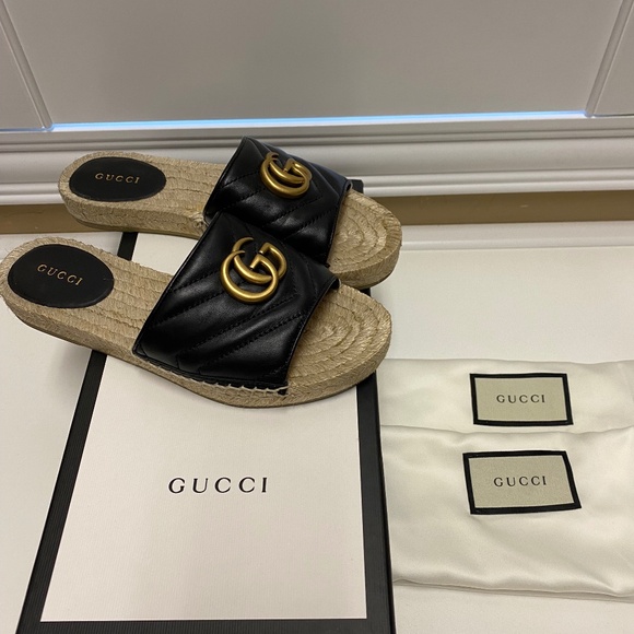 Gucci Shoes - Gucci Marmont GG Leather Espadrille Slide, Black, Size 6